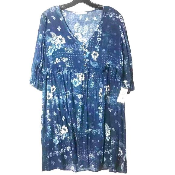 CES Femme Floral Smocking Boho Blue White Dress Size Small Runs large - Picture 1 of 16